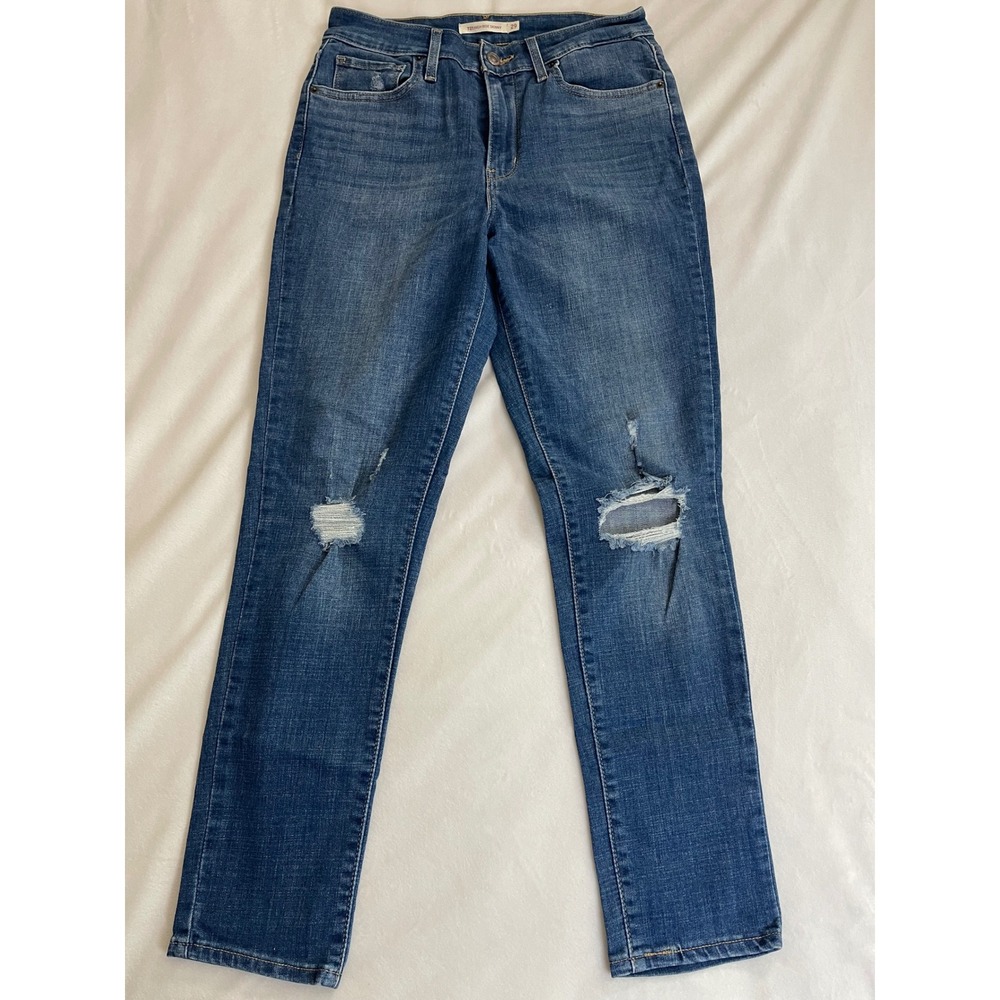 Levis 721 High Rise Skinny Jeans Womens 29 Distressed Medium Wash Denim Blue